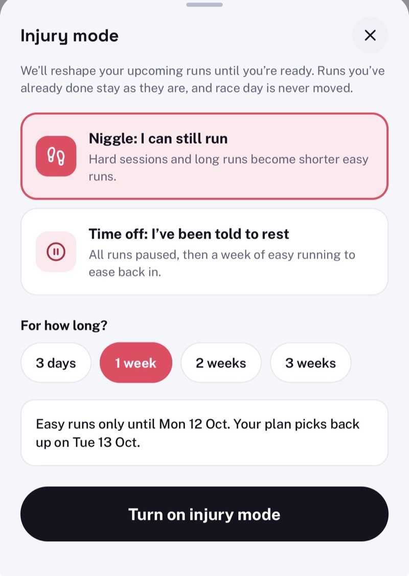 Injury mode: niggle selected for one week, with easy runs only until Monday 12 October.