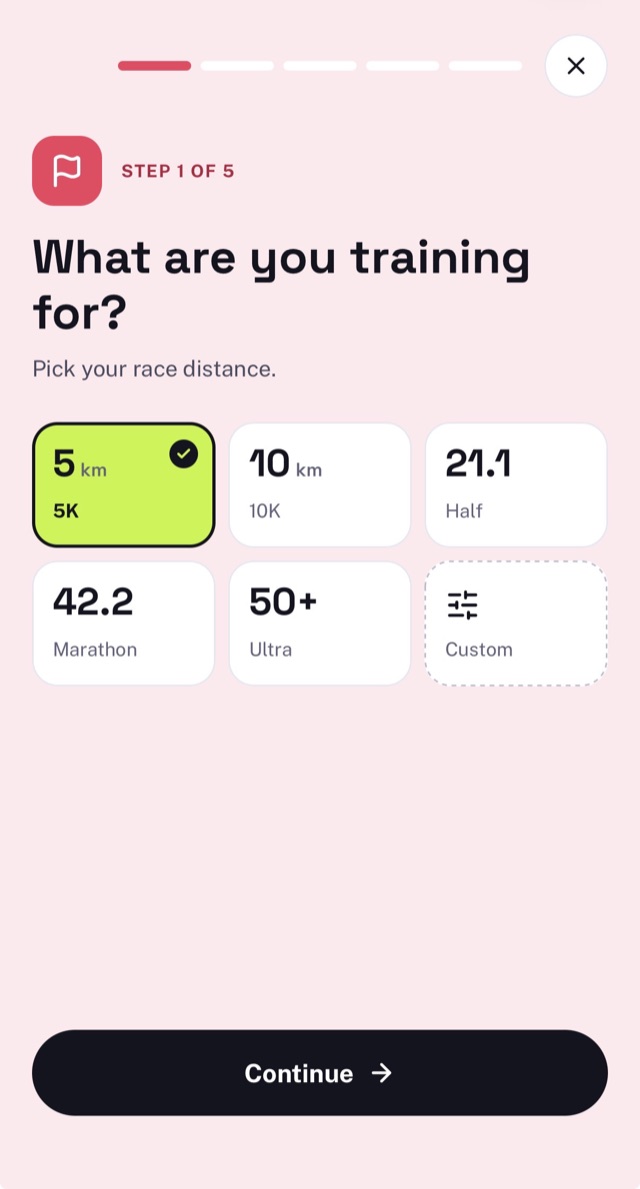 Step 1 of 5: what are you training for? 5K selected, with 10K, half, marathon, ultra and custom as options.