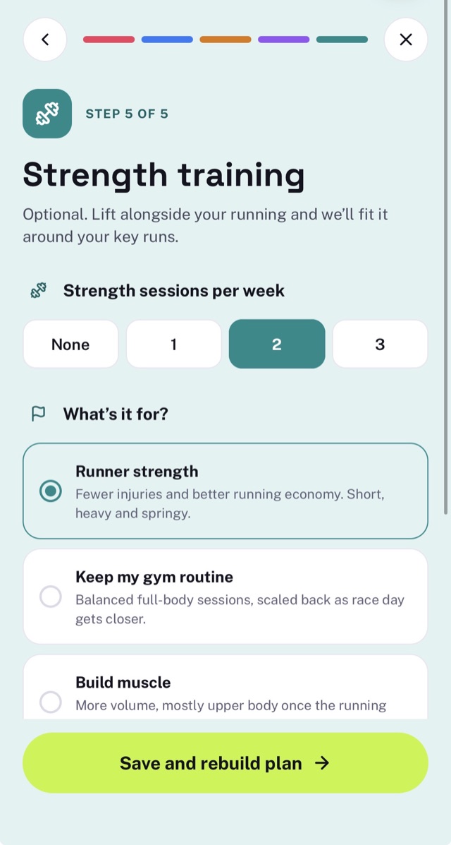 Step 4 of 5: your training week. Three runs a week, long run on Sunday, hills left out.