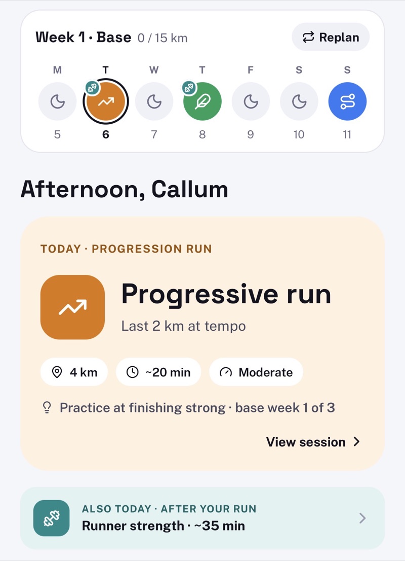 The JogOn Today screen: this week at a glance, today's progressive run of 4 km, and a runner strength session after it.